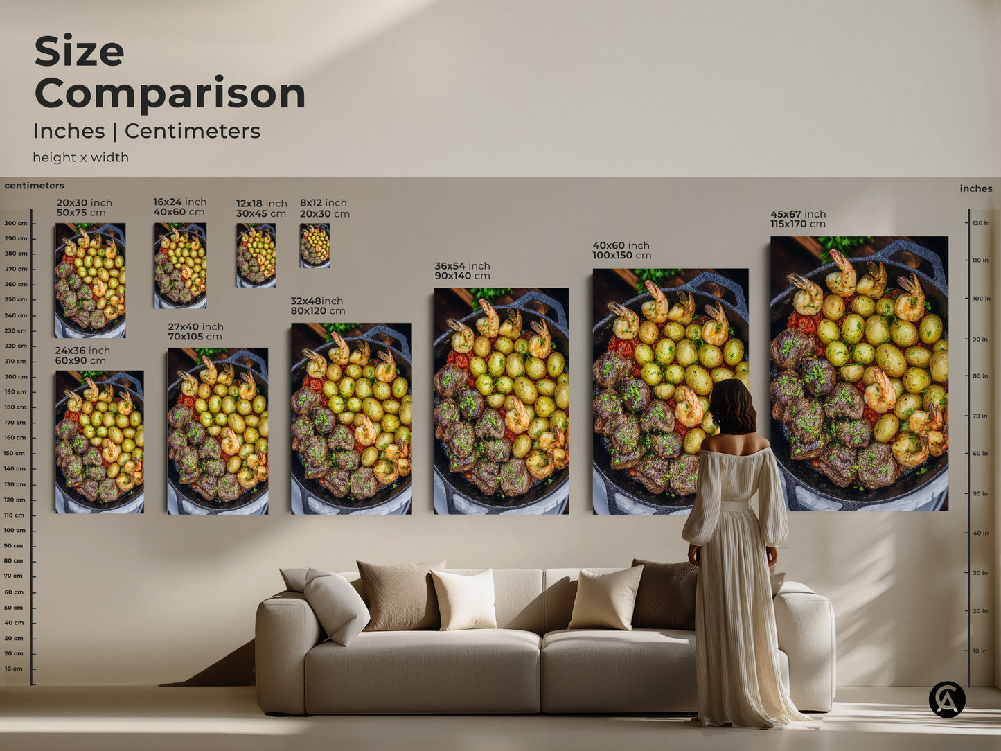 This size comparison shows the steak and shrimp skillet artwork in various dimensions. See how the comfort food print fits above a sofa. Sizes range from small to large for this modern farmhouse kitchen art. Perfect for any dining wall decor.