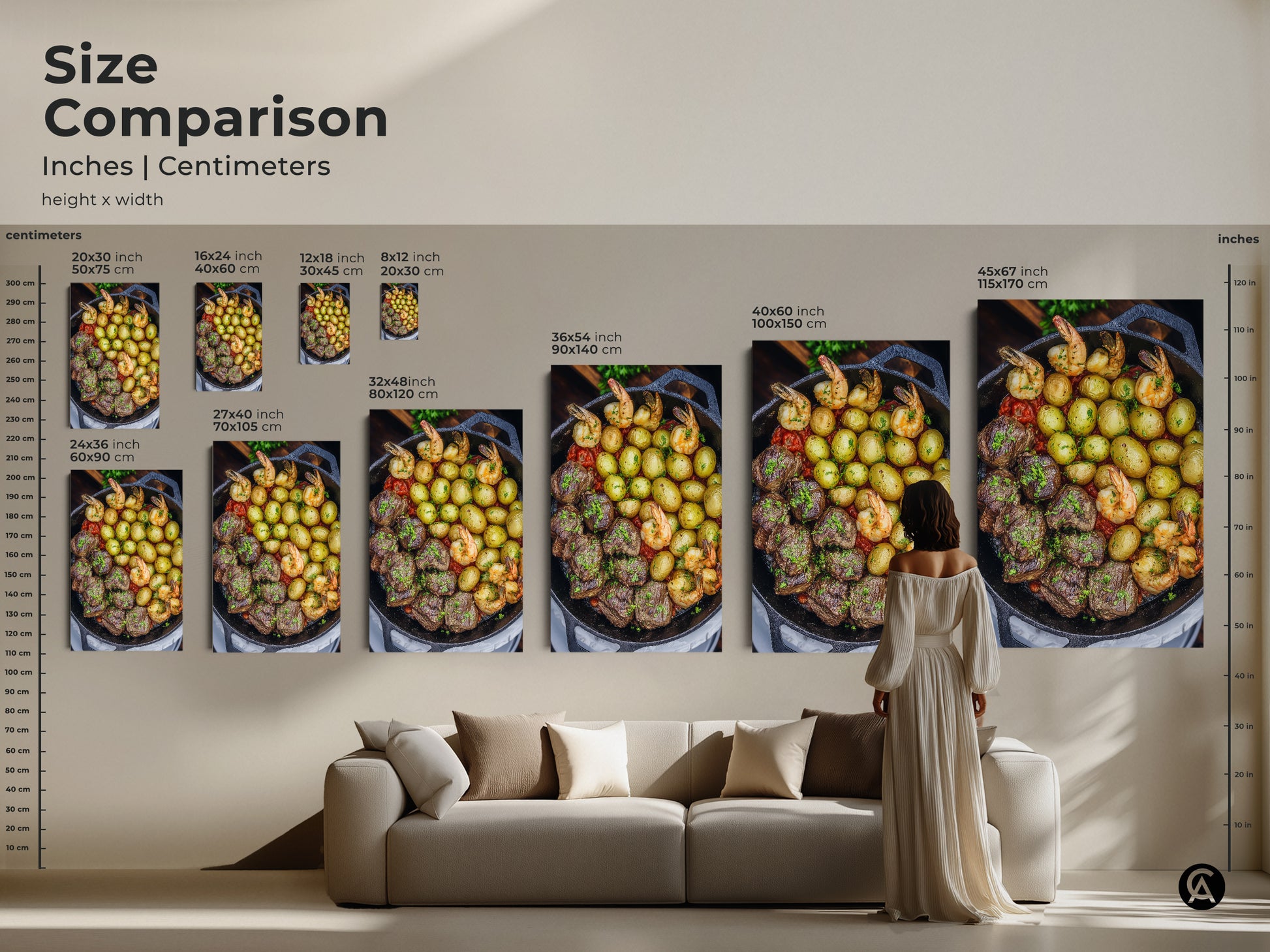 This size comparison shows the steak and shrimp skillet artwork in various dimensions. See how the comfort food print fits above a sofa. Sizes range from small to large for this modern farmhouse kitchen art. Perfect for any dining wall decor.