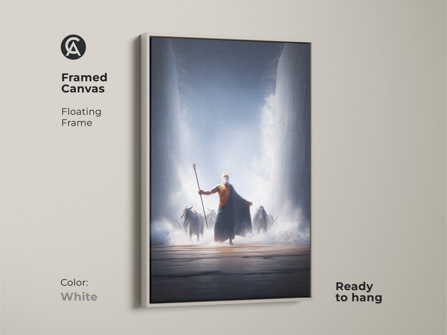 Moses parting the Red Sea is on a framed canvas. A white floating frame highlights this biblical artwork. Ready to hang and enjoy. The epic bible scene features dark blue and orange tones. Perfect for a study room or office wall. This unique gift will be cherished by faith collectors. It captures a powerful bible story.