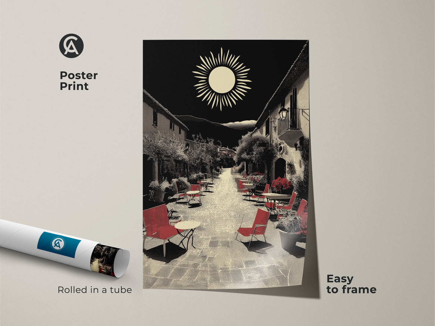 A poster print features a Mediterranean village street art scene. Rolled in a tube this black red and beige wall decor is easy to frame. It is an ideal housewarming present for travel lovers. The retro sun landscape evokes wanderlust. The outdoor seating and halftone art enhance this Italian piazza scene.