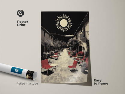 A poster print features a Mediterranean village street art scene. Rolled in a tube this black red and beige wall decor is easy to frame. It is an ideal housewarming present for travel lovers. The retro sun landscape evokes wanderlust. The outdoor seating and halftone art enhance this Italian piazza scene.