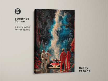 The Formula 1 canvas art showcases a stretched canvas. Gallery wrapped with mirror edges. This abstract digital wall art is ready to hang. Perfect for modern office artwork or man cave decor gift.