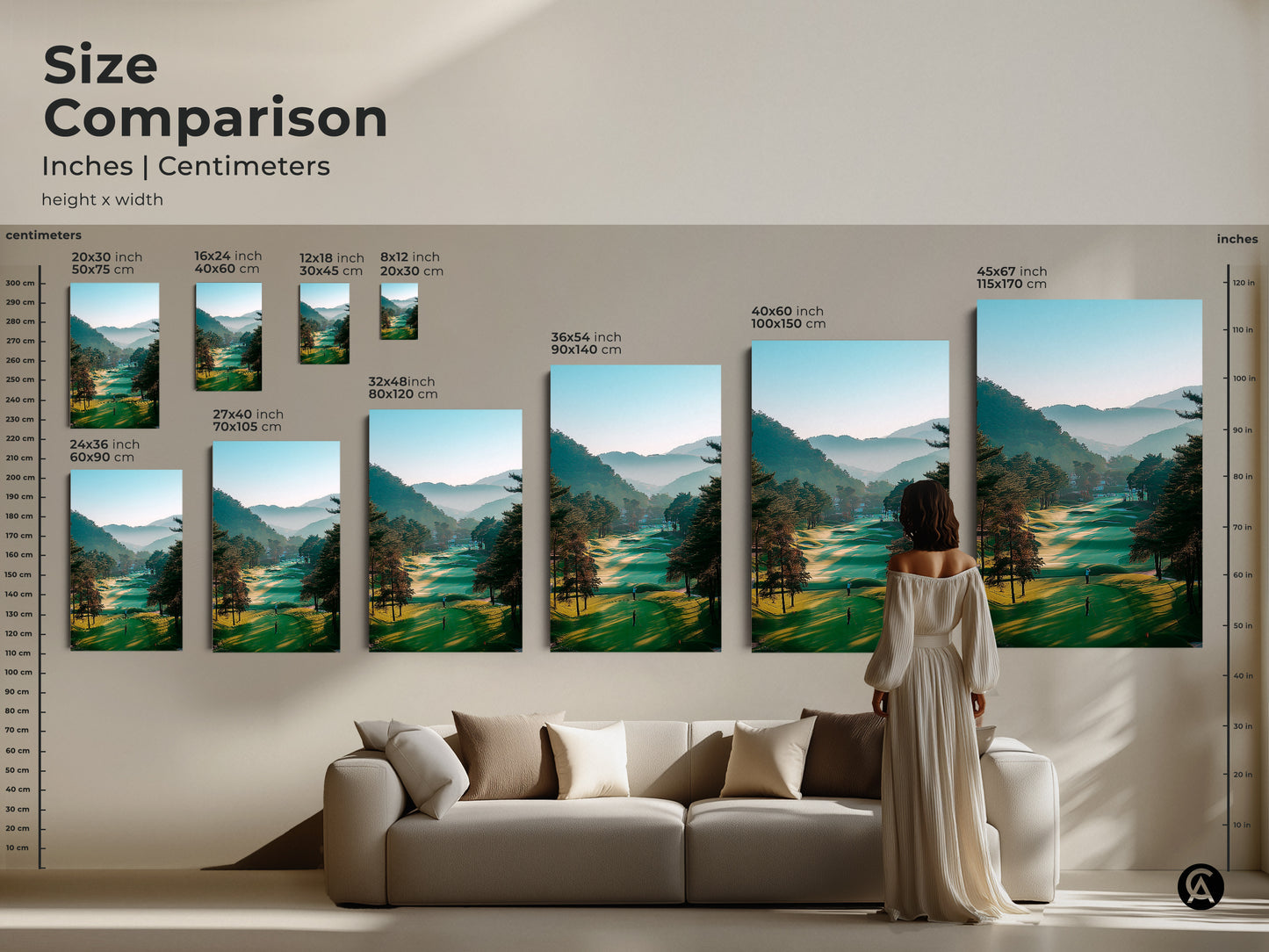Compare sizes of our golf course art prints. This size comparison guide helps you visualize the artwork in your home. Choose from various dimensions to fit your space perfectly. Enhance your decor with this beautiful canvas or poster.