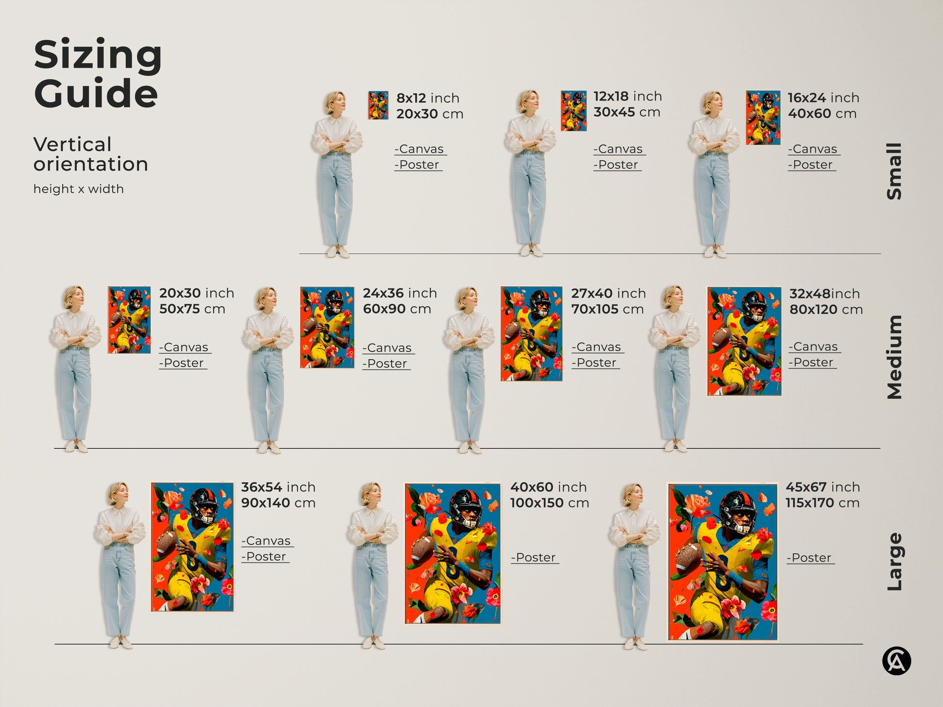 Sizing guide for vertical american football artwork. Find canvas and poster options in small medium and large sizes. Dimensions include 8x12 to 45x67 inches. Sizes include 20x30cm to 115x170cm. Perfect for finding the right fit for your sports decor.
