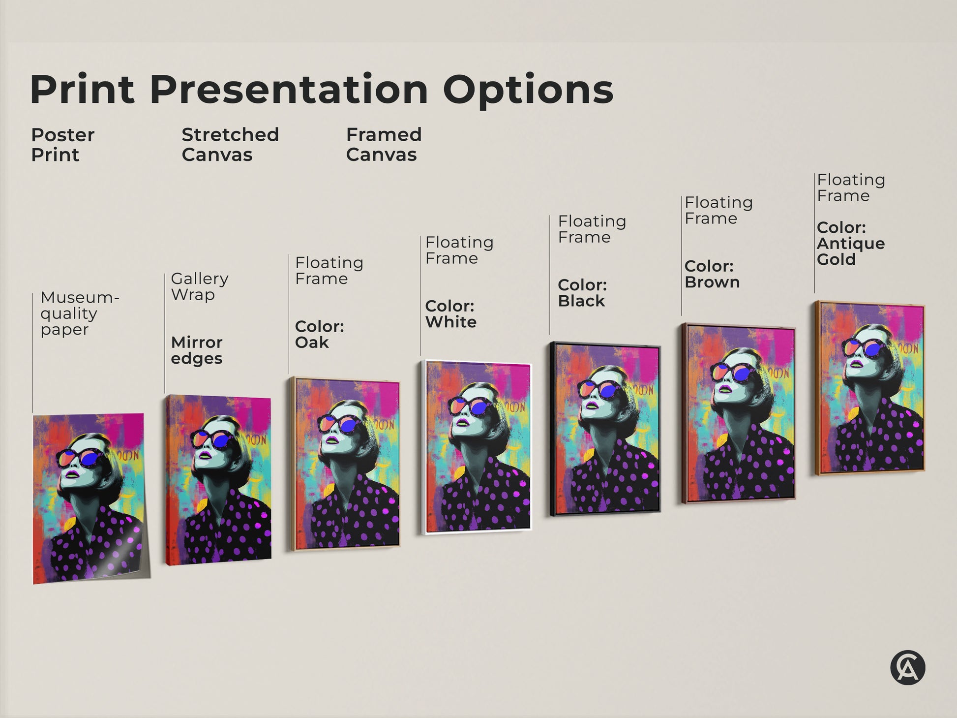 Print presentation options showcasing poster prints stretched canvas and framed canvas. All feature the Pop Art woman artwork in purple pink and teal. Choose your perfect style.
