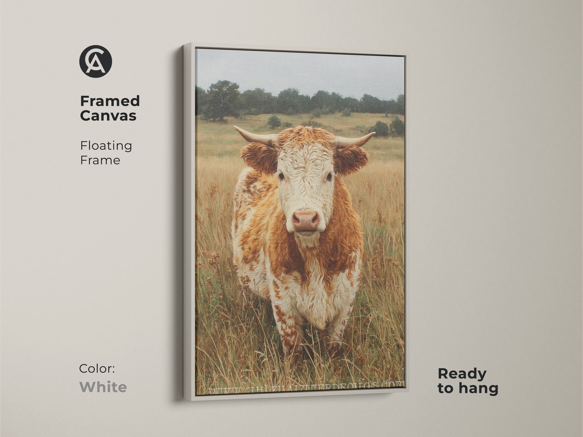 This framed canvas displays a cow portrait with a floating frame in white. The cow stands in a field of dry grass. Ready to hang the canvas brings a clean look to animal art. The bright frame highlights the subject.