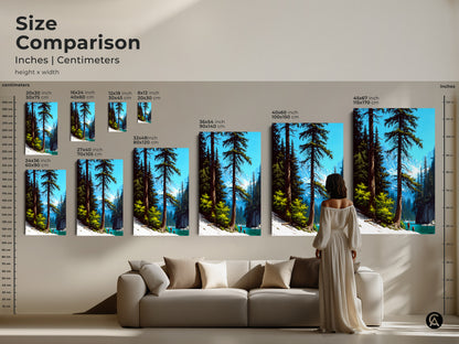 A size comparison of rustic mountain lake artwork in inches and centimeters. The image features a model and a couch for scale. Sizes range from 20x30 cm to 45x67 inches. Perfect pine forest scenic wall decor to bring nature into your living space.