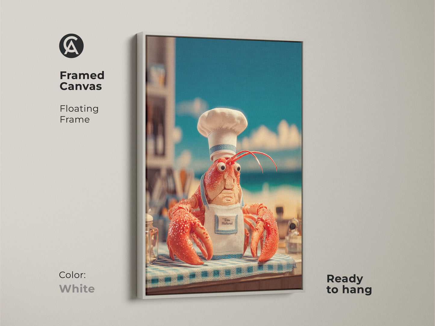 White framed canvas art print of a lobster chef. This floating frame is ready to hang and adds a clean touch to your space. The comical artwork is perfect for adding humor to your home decor. A unique art piece for seafood enthusiasts. Order today!