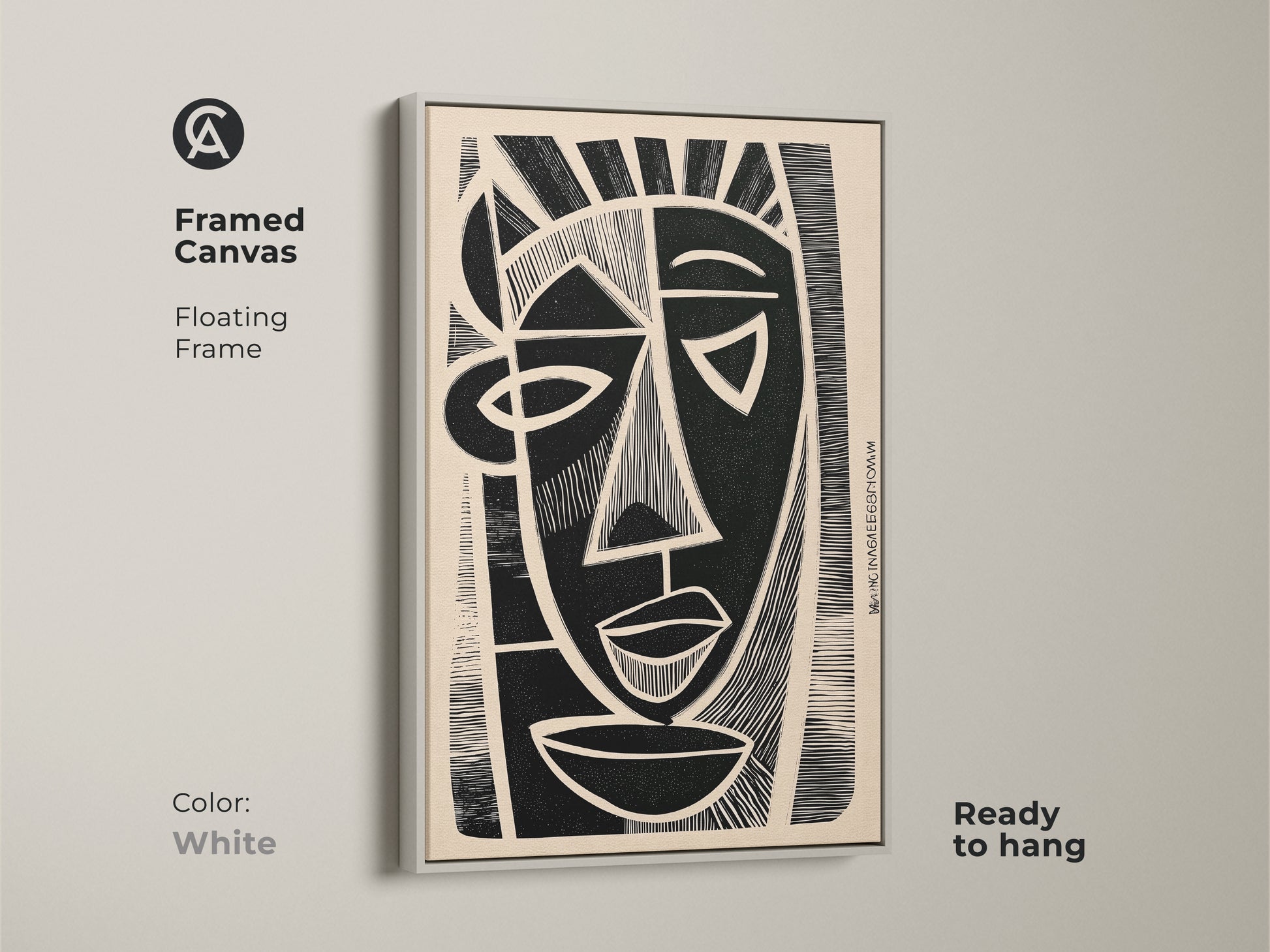 A framed canvas displays abstract face wall art. The white floating frame adds a clean look to the linocut print. This ready-to-hang piece enhances modern decor. It's perfect for a minimalist art print collection.