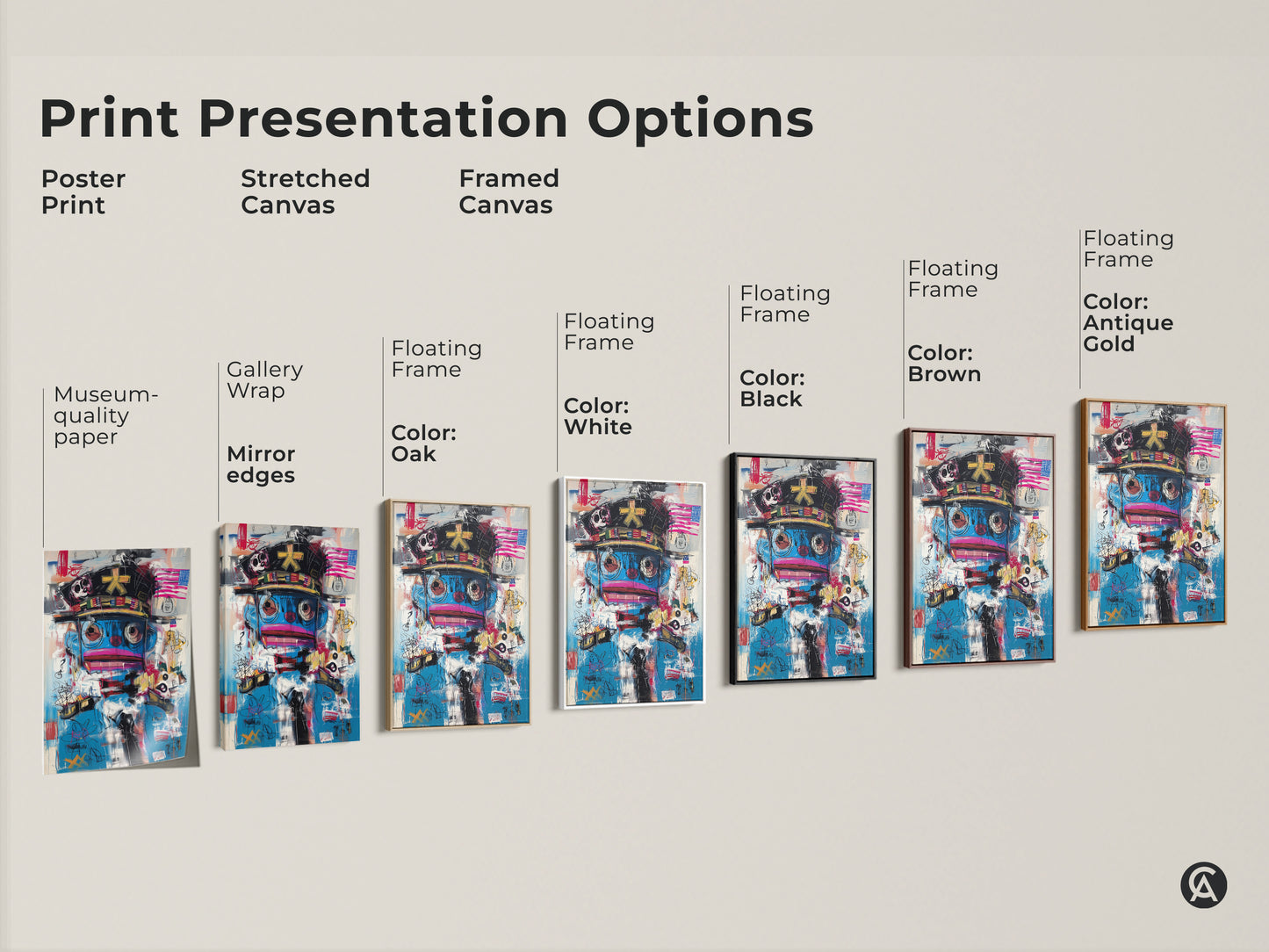 Explore print presentation options for graffiti character art. Choose from poster prints stretched canvas and framed canvas. Each option showcases the abstract pop culture artwork in vibrant blue and red hues. Enhance your space with this eclectic and modern wall decor.