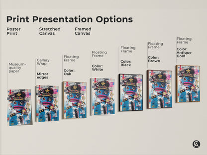 Explore print presentation options for graffiti character art. Choose from poster prints stretched canvas and framed canvas. Each option showcases the abstract pop culture artwork in vibrant blue and red hues. Enhance your space with this eclectic and modern wall decor.