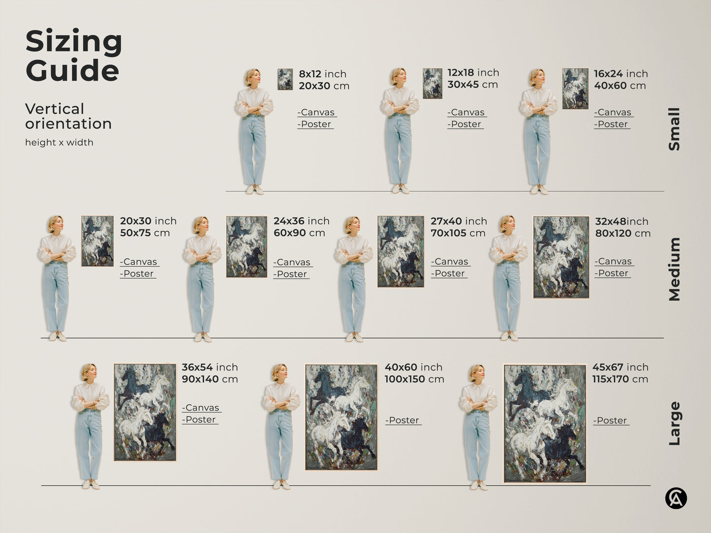 Sizing guide for vertical horse artwork orientation. Available in canvas and poster options. Find the perfect fit for your wall art decor. Small medium and large sizes to suit any space. Enhance your home with this eclectic horse art. Perfect gift for horse lovers.