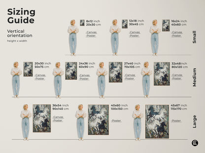 Sizing guide for vertical horse artwork orientation. Available in canvas and poster options. Find the perfect fit for your wall art decor. Small medium and large sizes to suit any space. Enhance your home with this eclectic horse art. Perfect gift for horse lovers.
