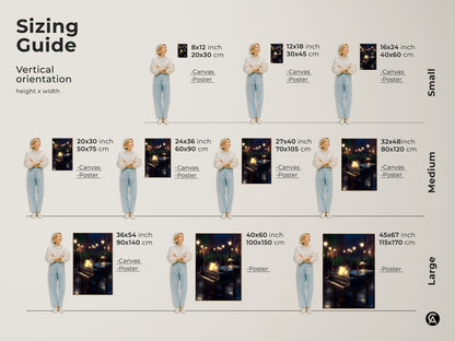 Find the perfect size Grand Piano canvas or poster with this vertical sizing guide. Ranging from small to large this romantic music artwork fits any space adding an eclectic touch to your home.