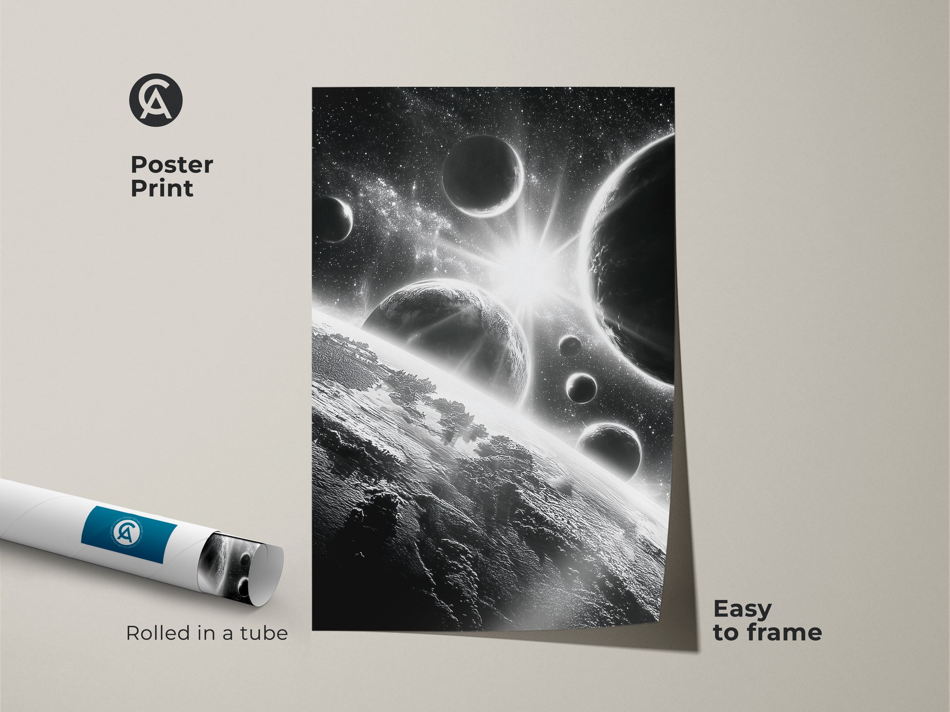 Poster print of a space scene. The black and white artwork features planets and stars. Easy to frame and display. Perfect for adding a cosmic vibe to your home decor. Rolled in a tube for protection. This poster is a great addition to any room.