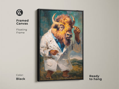 Framed canvas featuring a buffalo head figure in a lab coat. The floating frame is black and ready to hang. This unique piece adds sophistication to any room. The canvas is perfect for home or office decor.