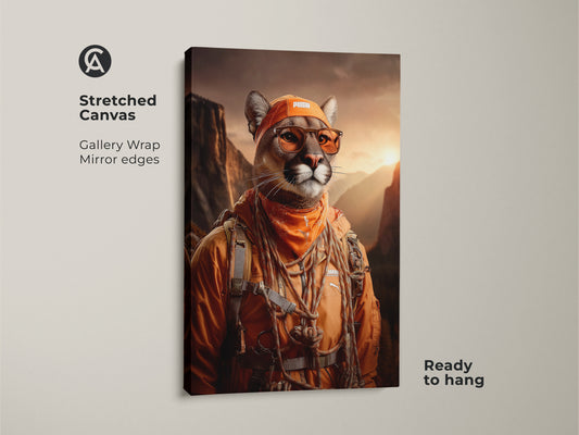 Stretched Canvas Amber Mountain Cougar Art Print. The puma mountain vista artwork is ready to hang. Displaying the gallery wrapped mirror edges. A unique wall hanging for the eclectic home or office. Surprise an outdoor lover with this distinctive gift.