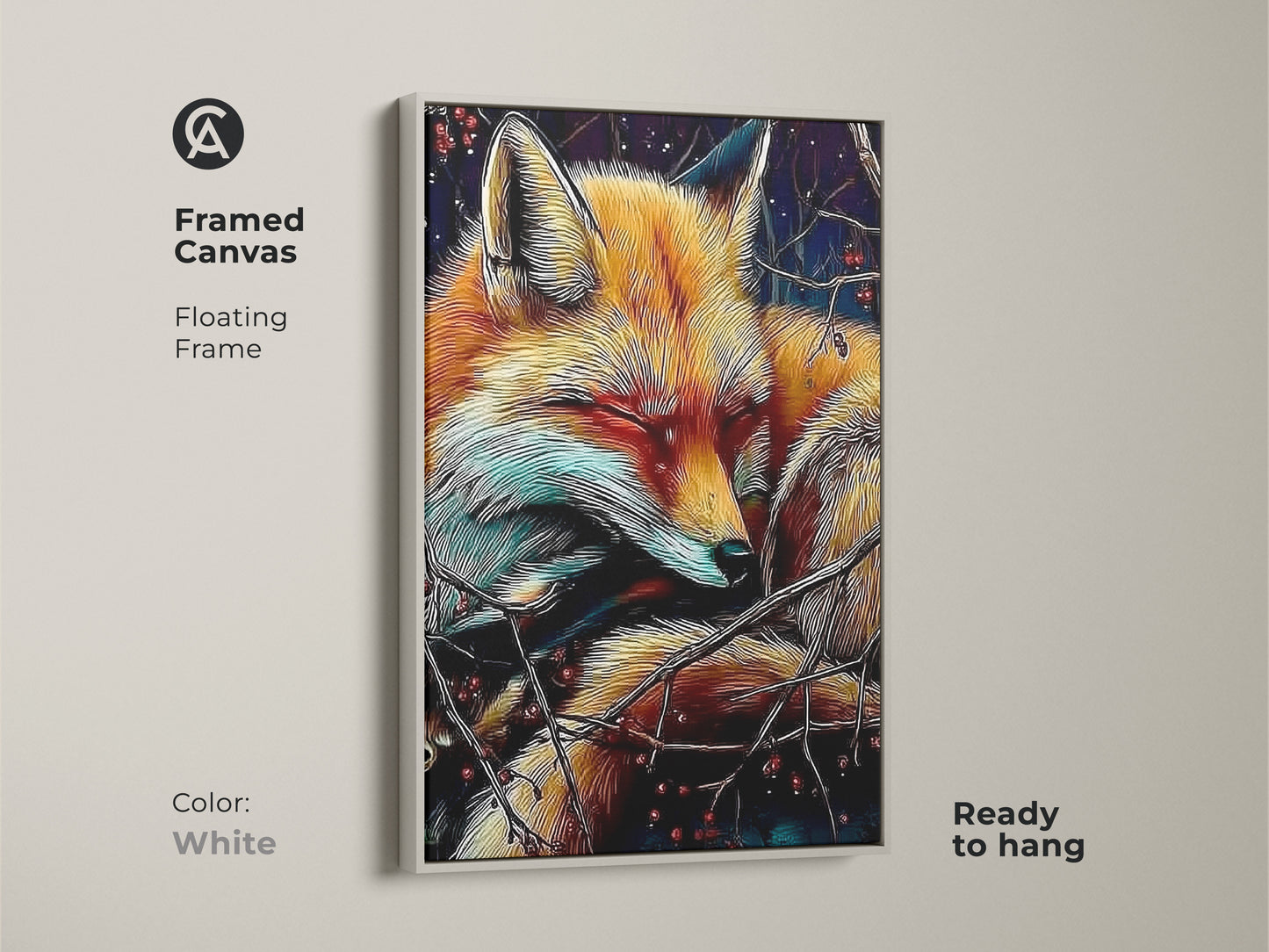 A framed canvas displays the sleeping fox artwork. It has a floating frame that comes in white. This wildlife artwork would add a cozy autumn touch. It is a rich color animal art. It can be a unique gift for nature lover. Get yours today.