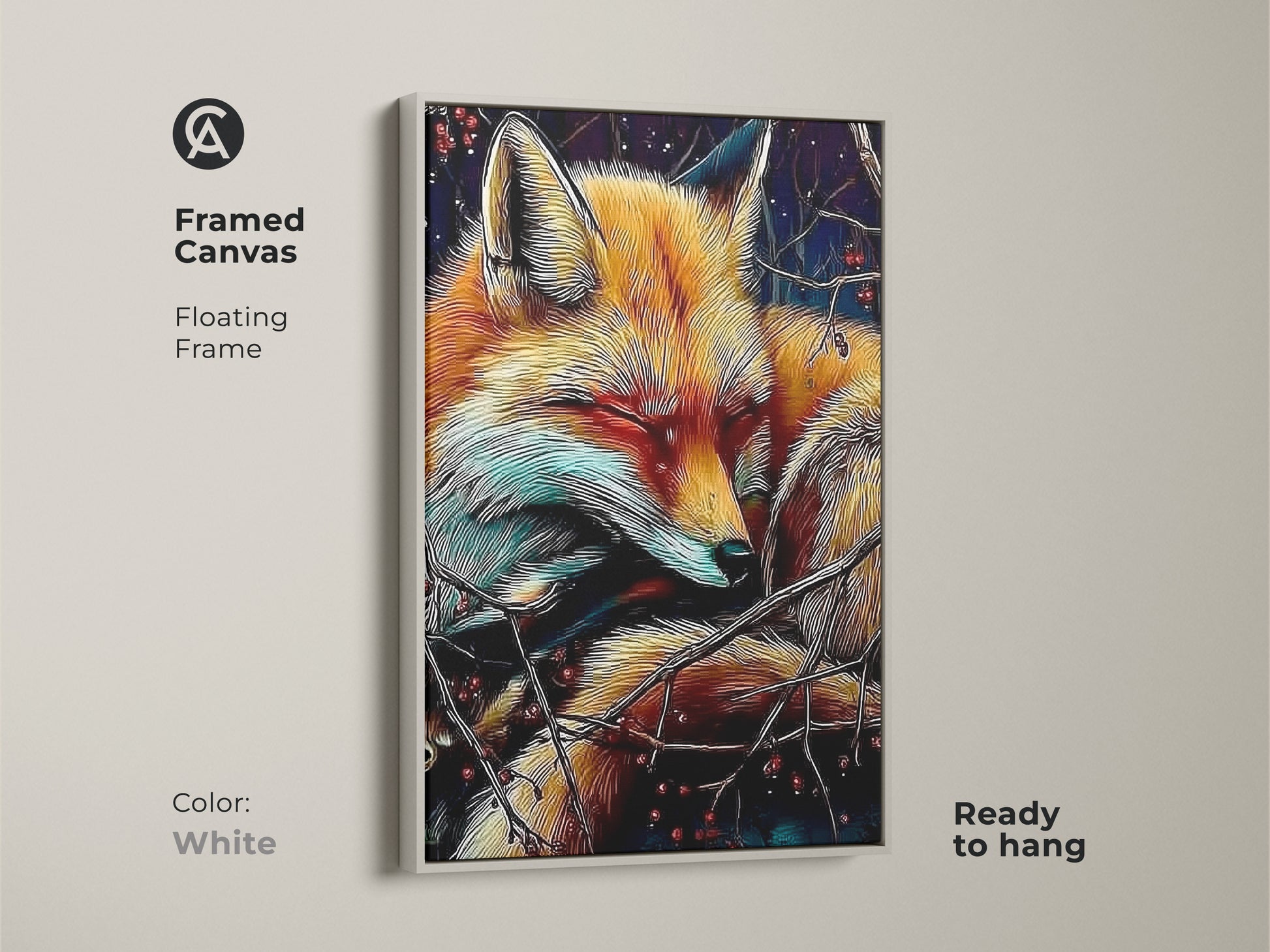 A framed canvas displays the sleeping fox artwork. It has a floating frame that comes in white. This wildlife artwork would add a cozy autumn touch. It is a rich color animal art. It can be a unique gift for nature lover. Get yours today.