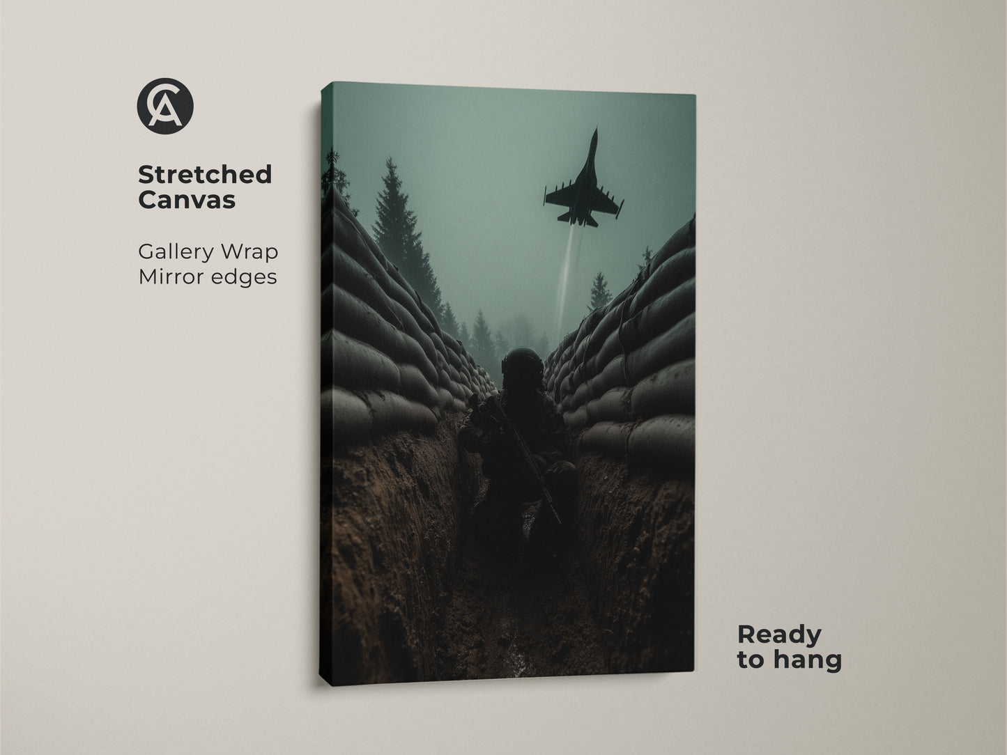 A stretched canvas featuring military trench warfare art. View the soldier in trench print with a fighter jet overhead. This industrial military wall decor has dark teal tones. The artwork is ready to hang and gallery wrapped with mirror edges.
