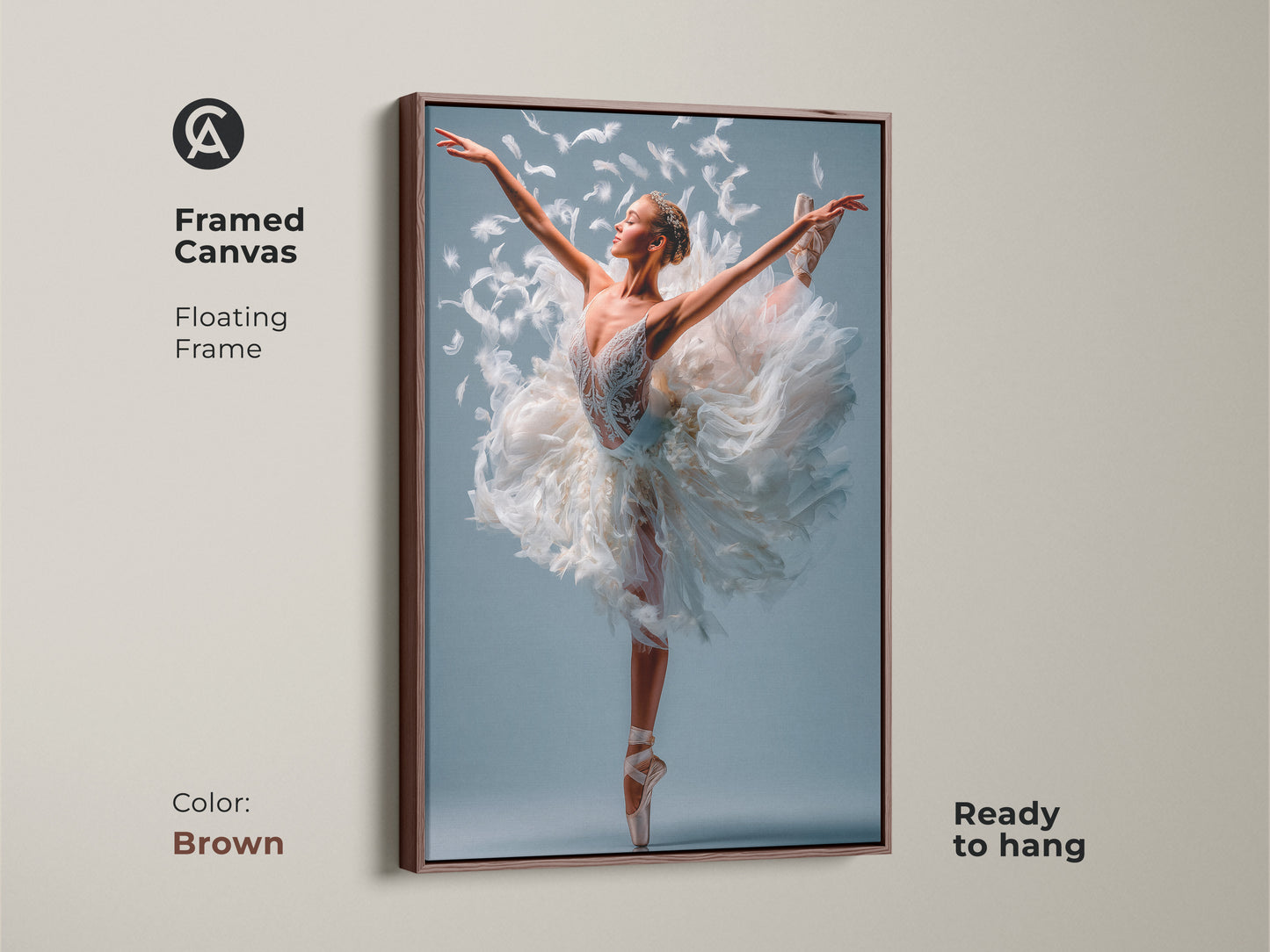 Framed canvas art in brown showcasing a ballerina in a white feathered tutu. The floating frame adds depth. The art is ready to hang. Enhance your living space with this beautiful framed ballet art.