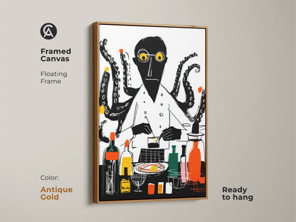 Antique gold framed canvas of an octopus chef. A floating frame shows this unique kitchen art piece. The black white and yellow art is ready to hang for your housewarming gift.