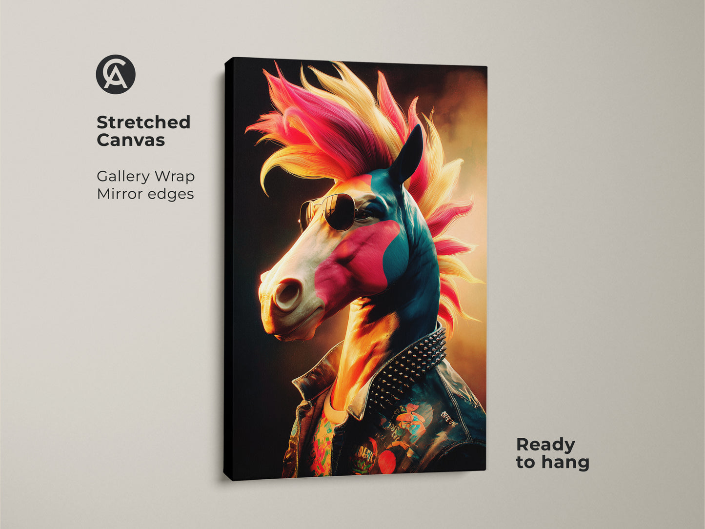 Close up of a Stretched Canvas print of a punk rock horse. The gallery wrap has mirror edges. It is ready to hang and show off your music fan artwork.