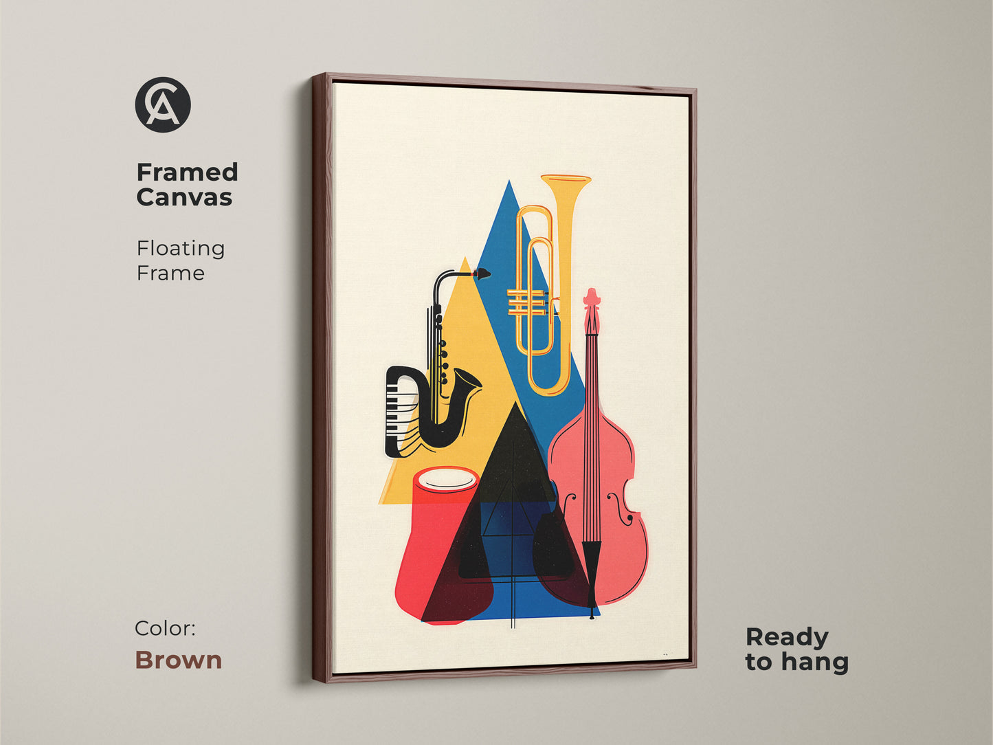 Framed canvas of abstract geometric music art with a floating brown frame. The retro artwork features mid-century modern style. It includes a saxophone tuba and double bass in yellow blue and red. This tuba wall hanging is ready to hang. The piece offers a sophisticated blend of color and form.