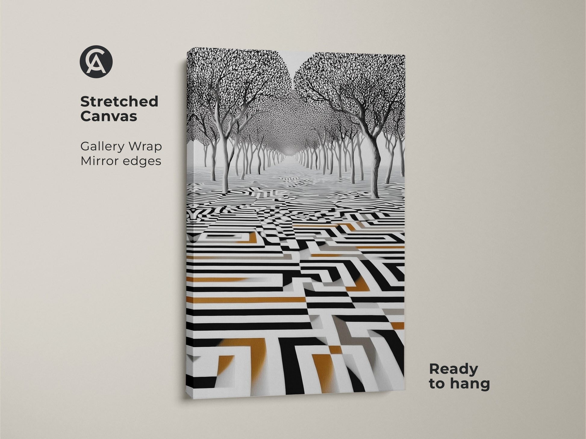 Stretched canvas print showcasing surreal trees in an abstract geometric maze. This monochrome wall art features gold accents. The gallery wrap with mirrored edges is ready to hang adding modern surrealism to your home decor.