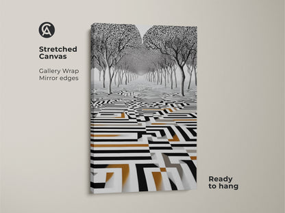 Stretched canvas print showcasing surreal trees in an abstract geometric maze. This monochrome wall art features gold accents. The gallery wrap with mirrored edges is ready to hang adding modern surrealism to your home decor.