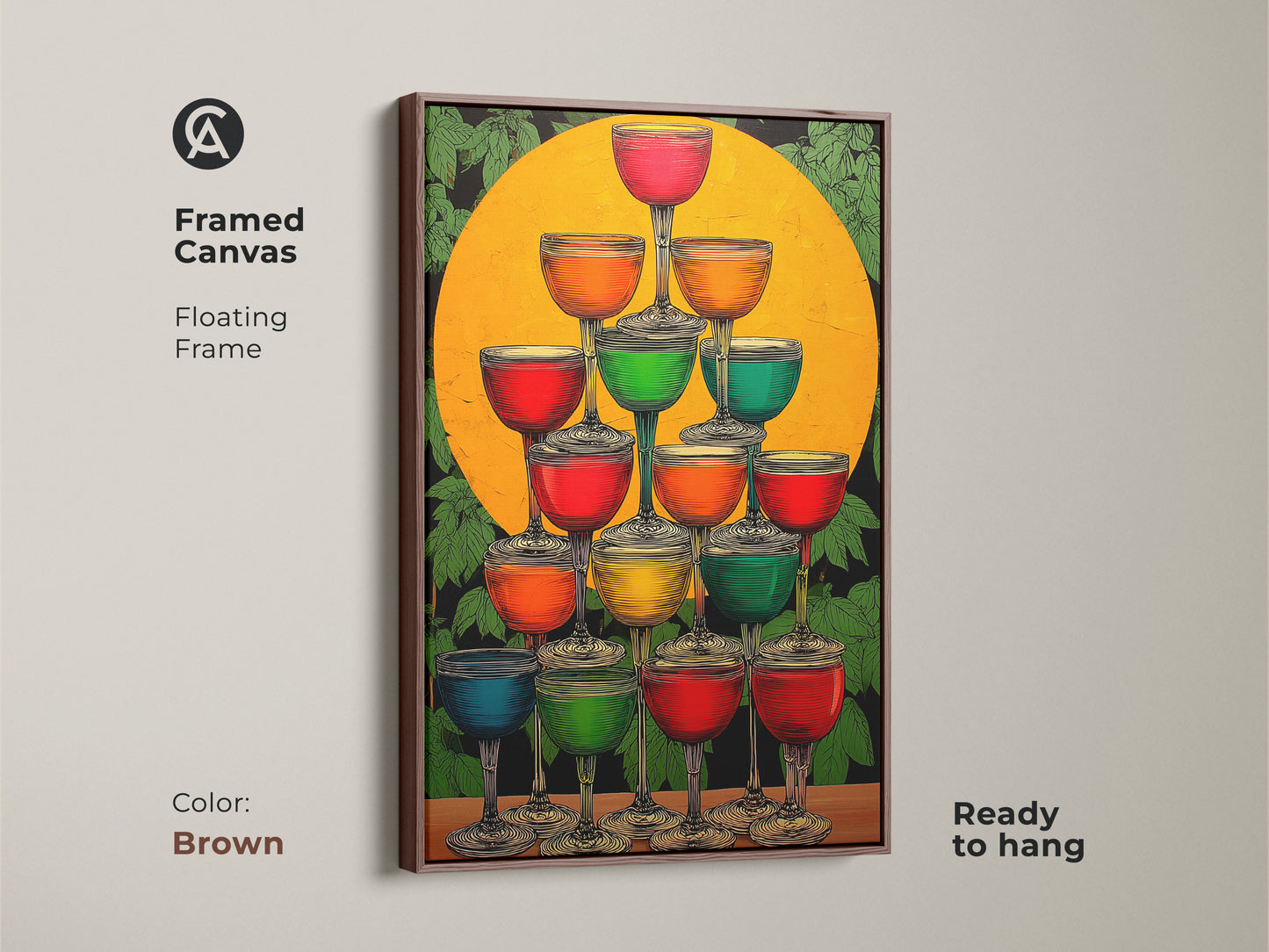 Framed canvas in brown of an Art Deco Champagne Tower. This cocktail glasses artwork uses yellow orange and green colors. Ready to hang this canvas will add warmth to your eclectic home bar artwork.