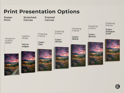 Explore print presentation options for mountain valley artwork. Choose from poster prints stretched canvas or framed options. Each brings rustic nature-inspired beauty. Select the perfect piece for your home.