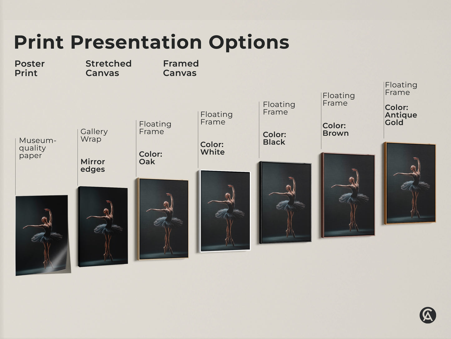 Explore print presentation options for ballerina artwork. Choose from poster prints stretched canvas and framed canvas. Available with gallery wrap museum-quality paper and floating frames. Find the perfect style to showcase this beautiful ballet art.
