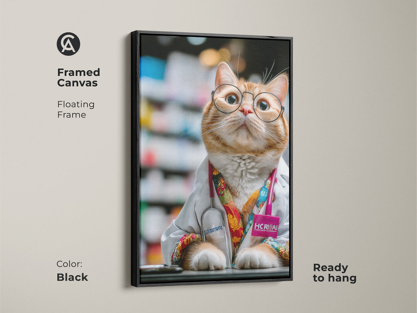 Black framed canvas of an orange cat doctor. A funny animal artwork suitable for any office. It's a perfect veterinarian gift choice. The cat lover wall decor features humorous professional art. This ready-to-hang quirky cat portrait is great.