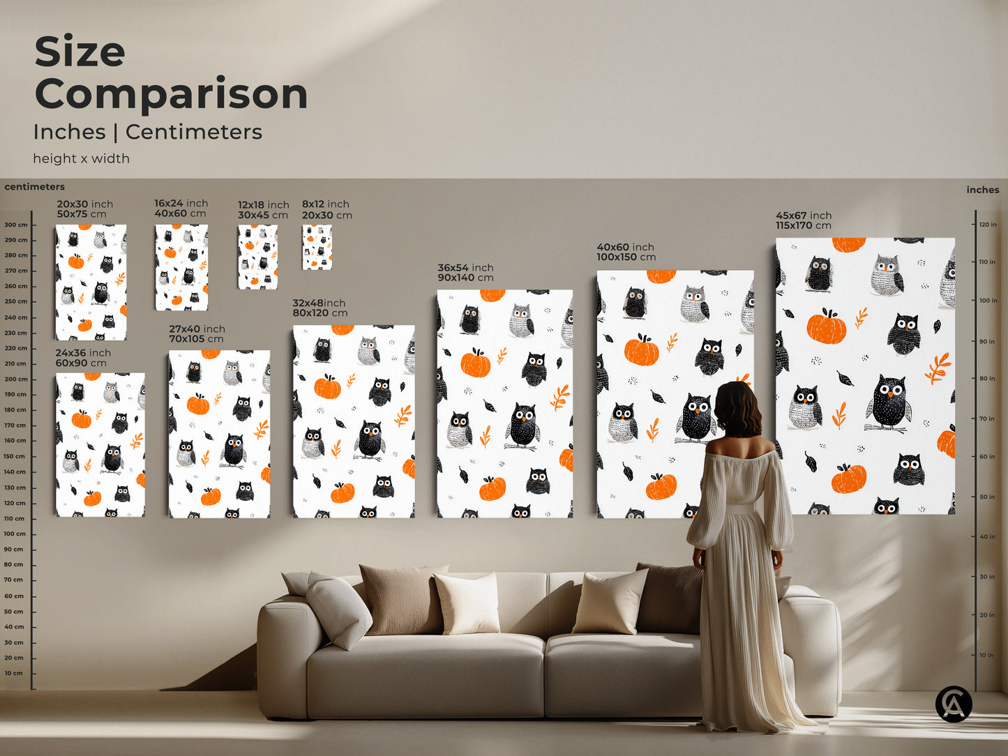Size comparison for Whimsical Owl & Pumpkin Art Print in inches and centimeters. Featuring various sizes this art is perfect for kids room fall decor. The sizes range for small to large to fit any wall. The whimsical nursery art includes cute animal wall art for seasonal decor.