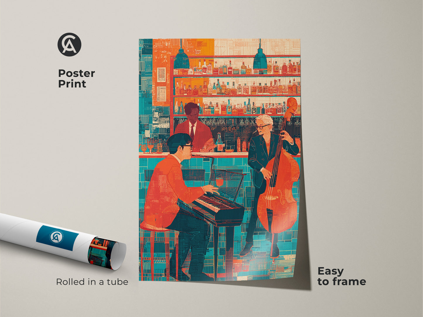 Poster print of a jazz bar scene artwork rolled in a tube easy to frame. This retro jazz print features a pianist and double bass player. The orange and teal color palette adds a vibrant touch. Ideal eclectic music artwork for a music room coffee shop or home bar decor.