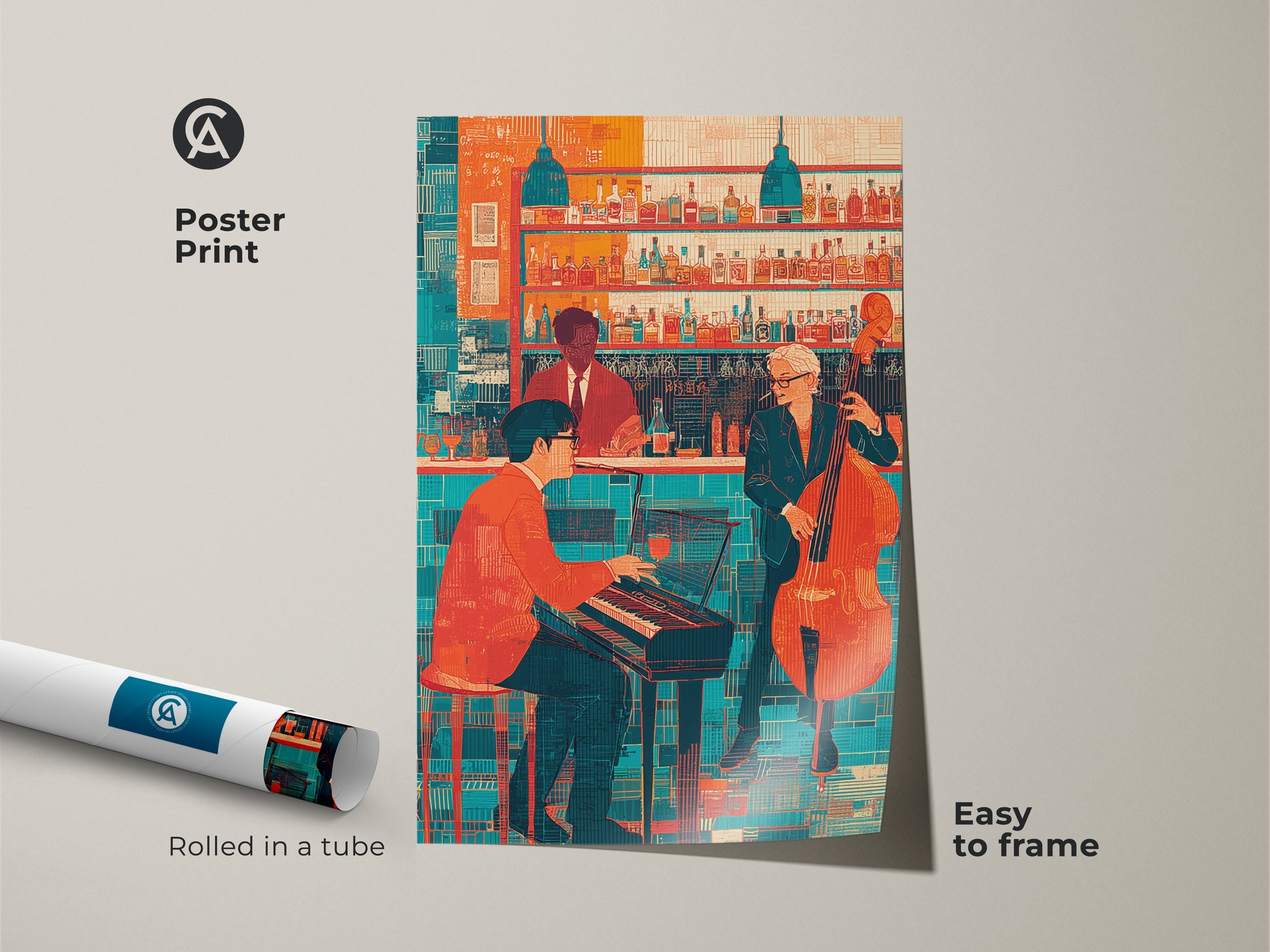 Poster print of a jazz bar scene artwork rolled in a tube easy to frame. This retro jazz print features a pianist and double bass player. The orange and teal color palette adds a vibrant touch. Ideal eclectic music artwork for a music room coffee shop or home bar decor.