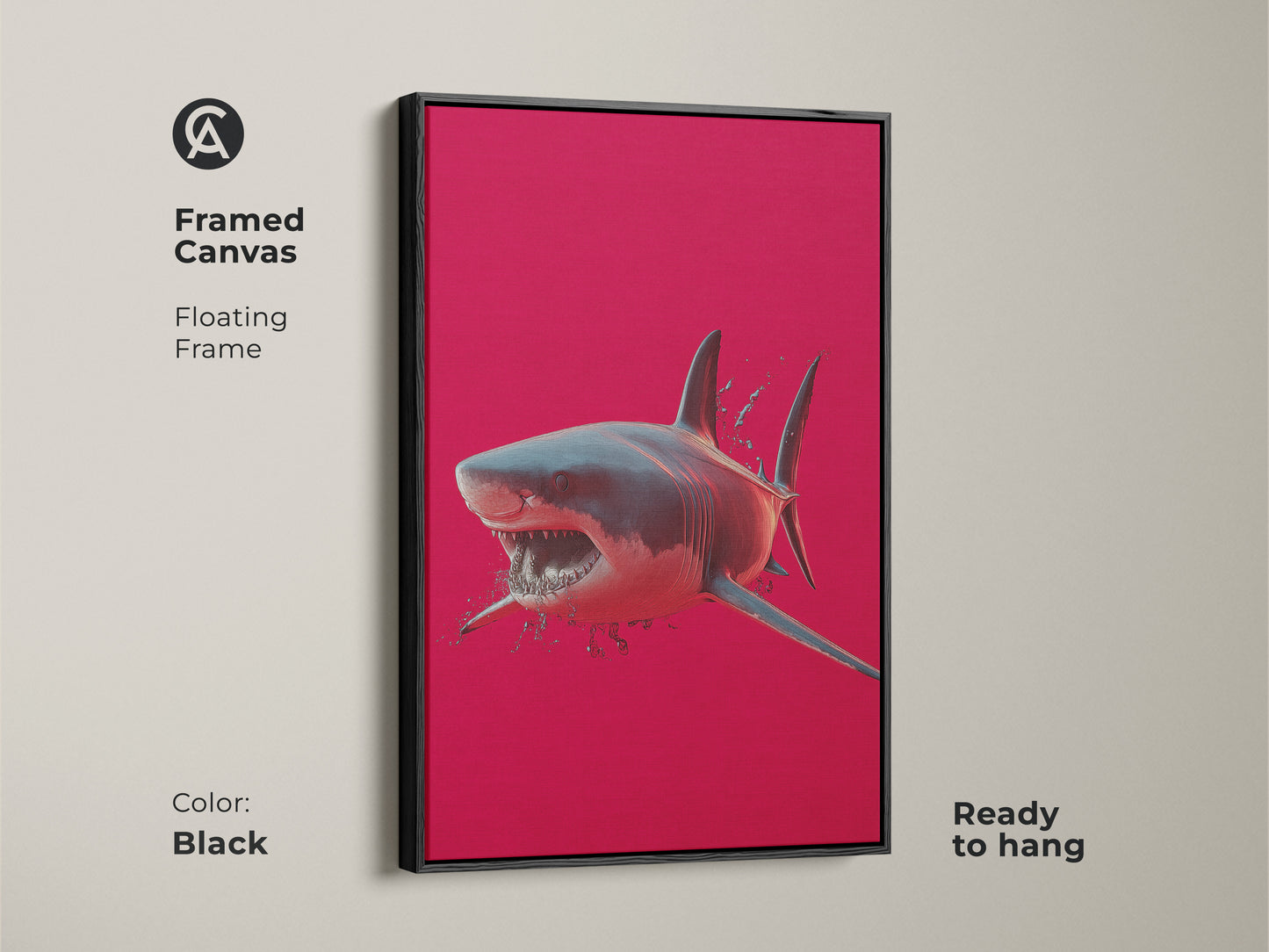 A framed canvas showcases great white shark art. A floating frame enhances the crimson ocean wall art. This ready to hang red animal print is perfect for eclectic decor. Great gift for marine life art lovers.