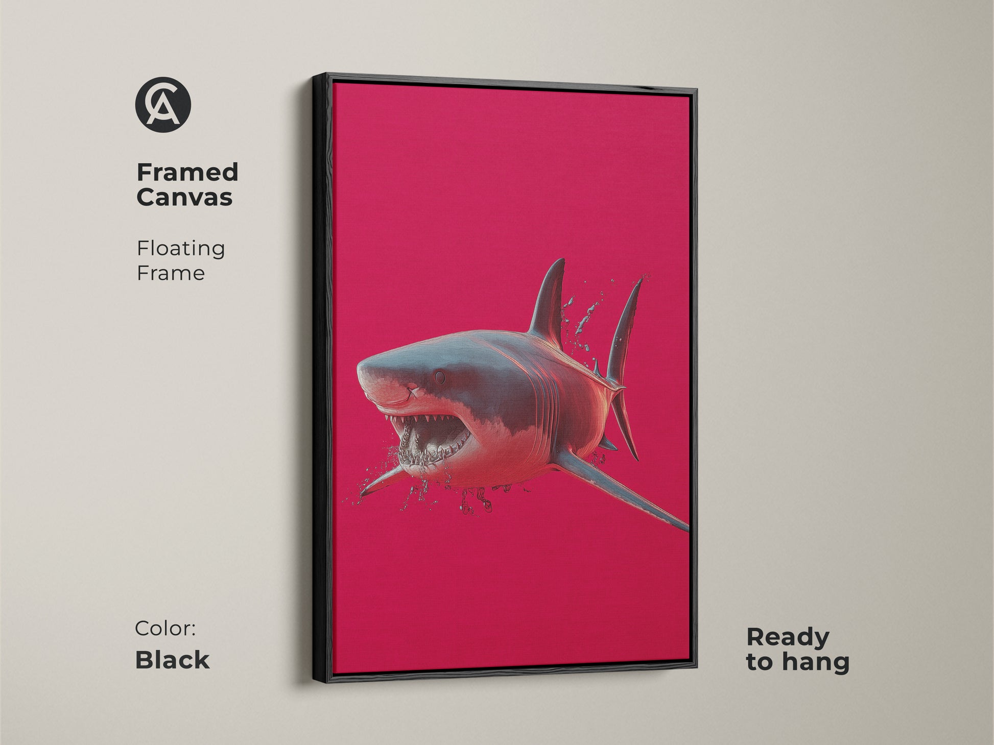 A framed canvas showcases great white shark art. A floating frame enhances the crimson ocean wall art. This ready to hang red animal print is perfect for eclectic decor. Great gift for marine life art lovers.