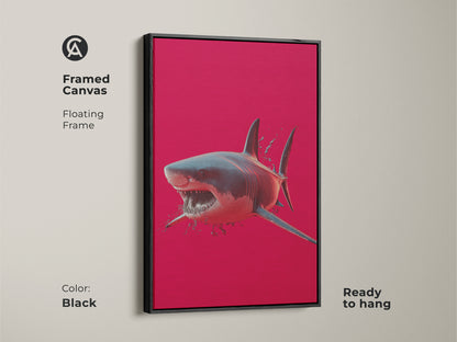 A framed canvas showcases great white shark art. A floating frame enhances the crimson ocean wall art. This ready to hang red animal print is perfect for eclectic decor. Great gift for marine life art lovers.
