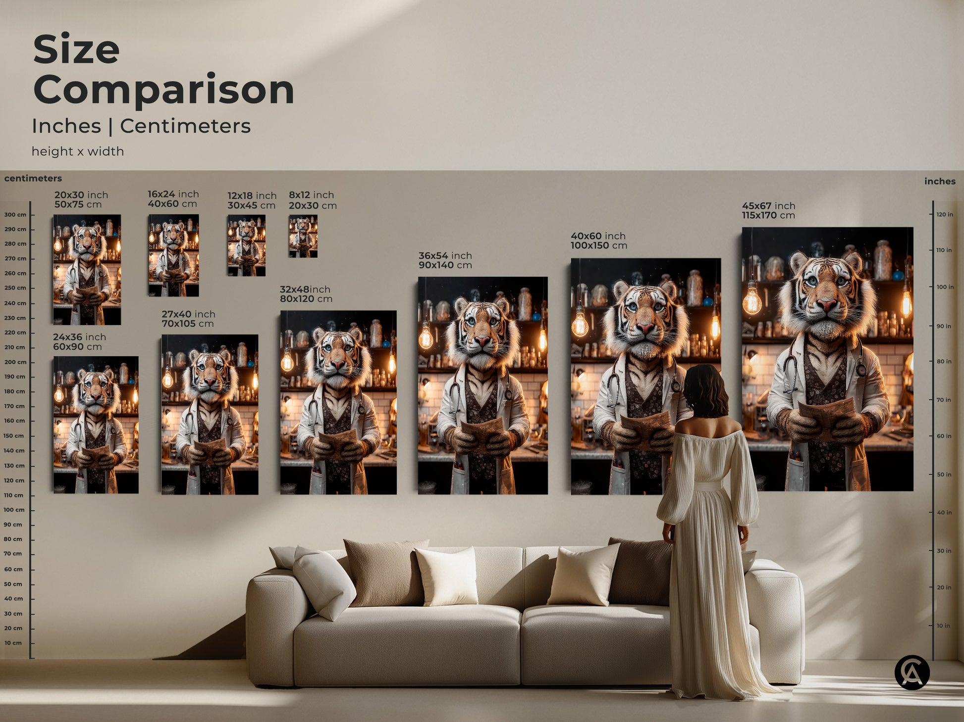 Size comparison of tiger doctor artwork in inches and centimeters. See how the art fits above a sofa. Various sizes are available to suit your space. Elevate your interior with this unique piece.