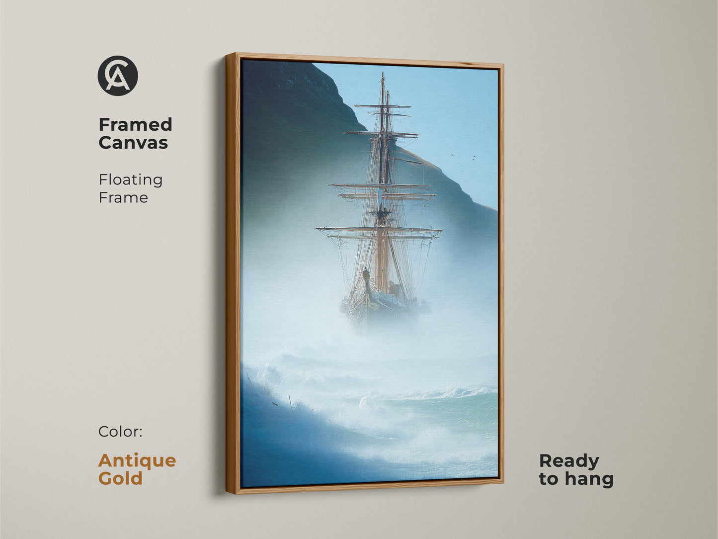 Add a touch of nautical charm to your decor with this framed tall ship art. It Features a stormy ocean in calming blues and grays. Perfect for a coastal-themed room. The antique gold floating frame of this sailing ship artwork adds a touch of sophistication to your space.