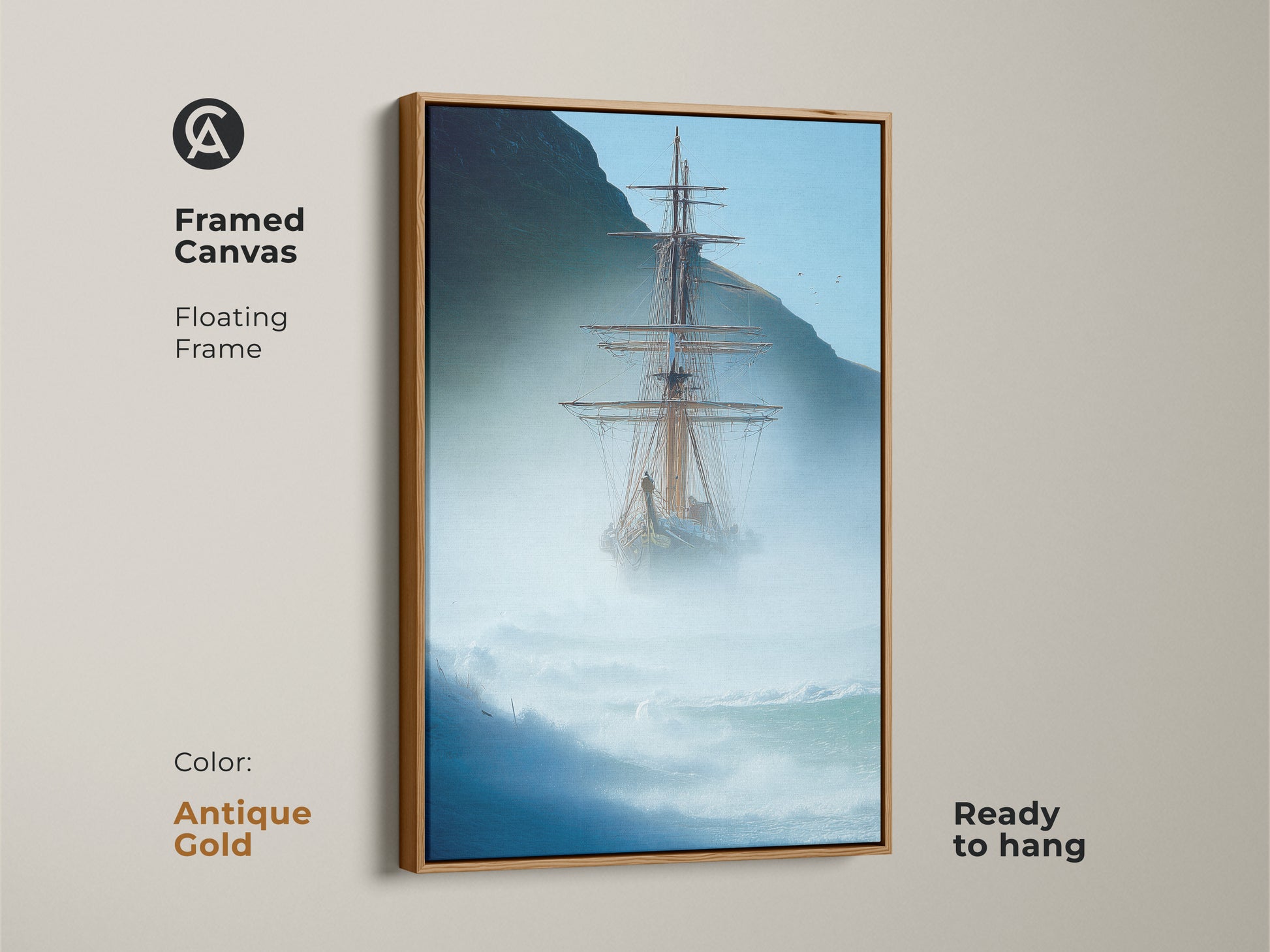 Add a touch of nautical charm to your decor with this framed tall ship art. It Features a stormy ocean in calming blues and grays. Perfect for a coastal-themed room. The antique gold floating frame of this sailing ship artwork adds a touch of sophistication to your space.