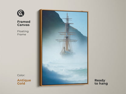 Add a touch of nautical charm to your decor with this framed tall ship art. It Features a stormy ocean in calming blues and grays. Perfect for a coastal-themed room. The antique gold floating frame of this sailing ship artwork adds a touch of sophistication to your space.