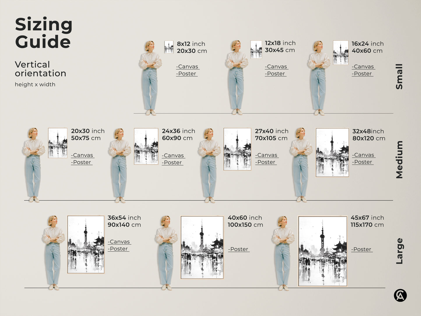 Sizing guide for the Shanghai city skyline artwork. Vertical orientation height x width options available. Canvas and poster prints in small medium and large sizes. Transform your space with stunning wall art.