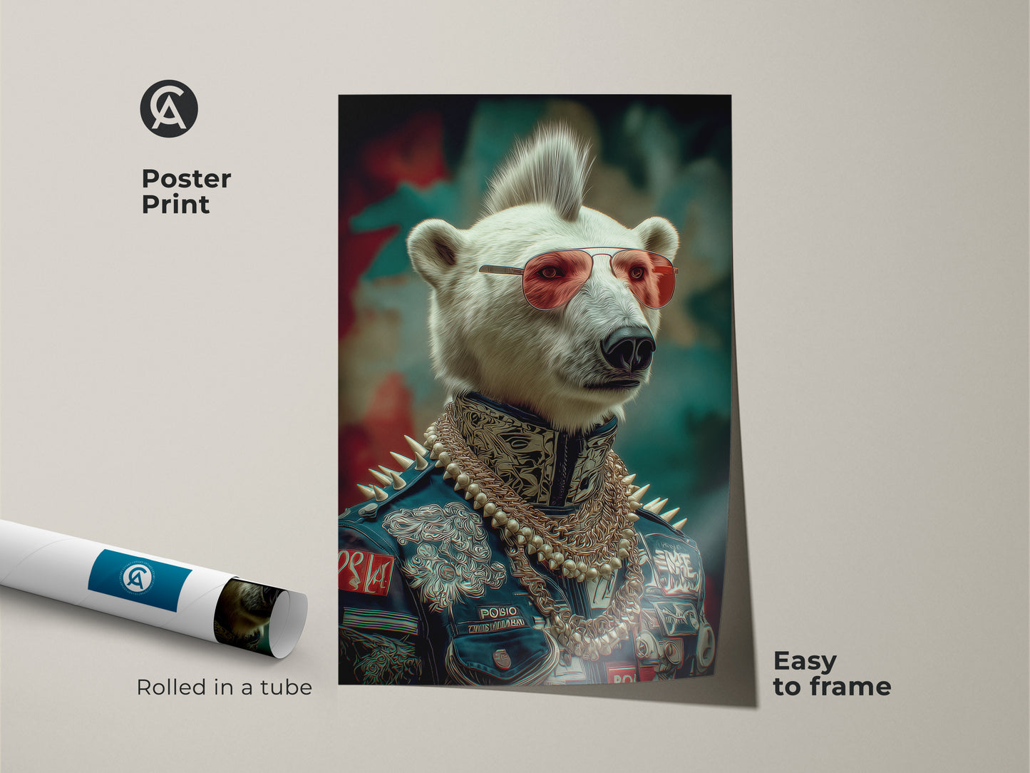 This poster print shows a polar bear dressed as a punk rocker. This fantasy animal art piece has navy red teal colors. An alternative music fan would love this gift idea. The print is rolled in a tube and easy to frame.