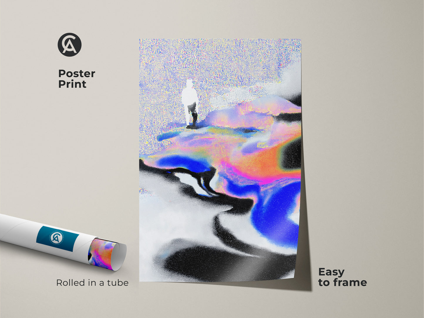 Poster print of abstract glitch art. Rolled in a tube for easy framing. The surreal figure landscape art is perfect for art lovers. The blue pink and orange wall art adds a colorful touch to any space.