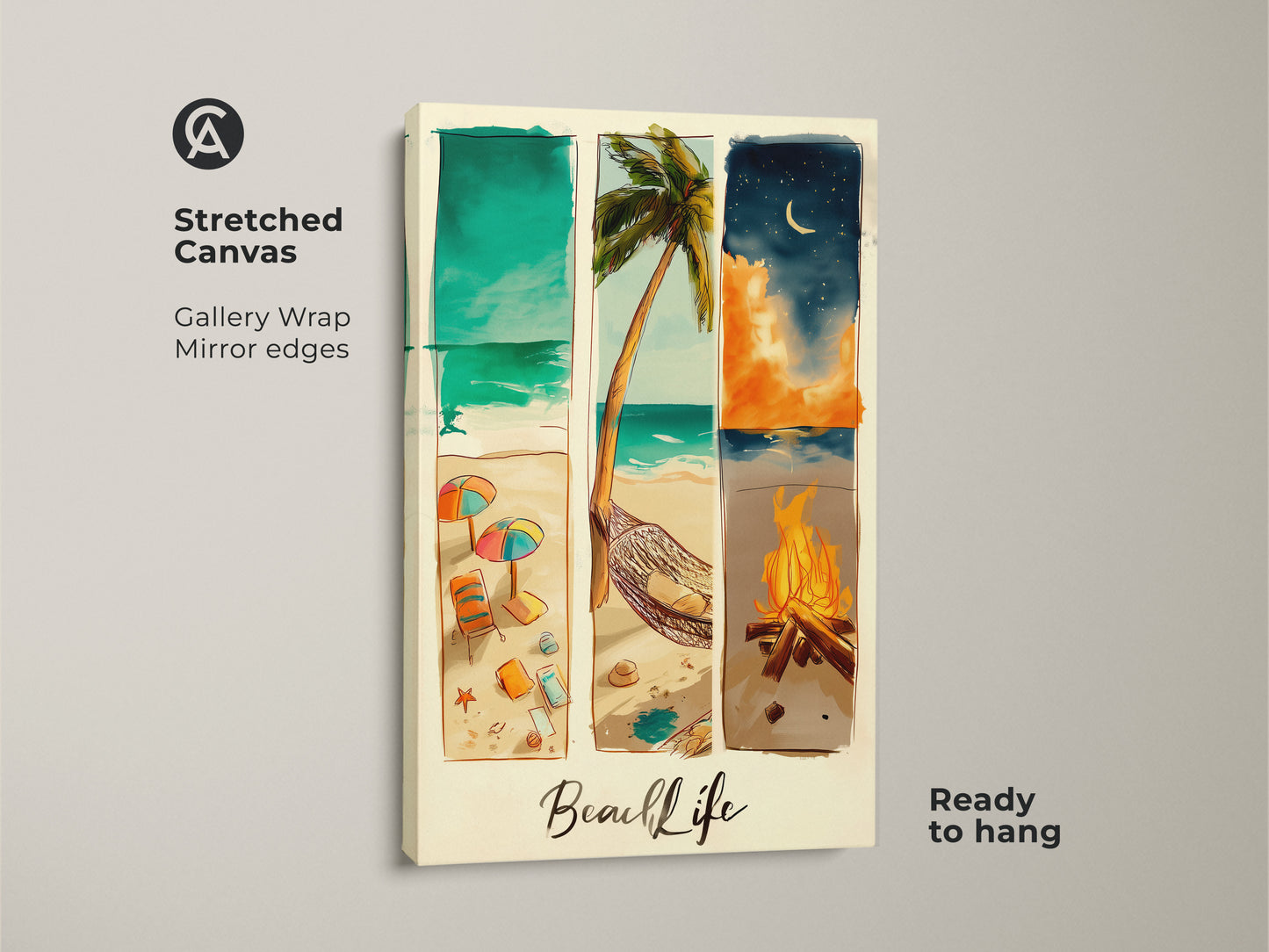 Stretched canvas beach life art. Gallery wrapped canvas with mirrored edges. A beautiful piece of beach themed artwork that is ready to hang. The artwork showcases day and night beach scenes.