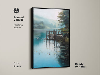 Black framed canvas featuring a rustic lake dock. This impressionistic nature artwork shows geese swimming in the water. Teal blue and green tones create a peaceful scene. Ready to hang wildlife bird art. Perfect for nature-inspired home decor.