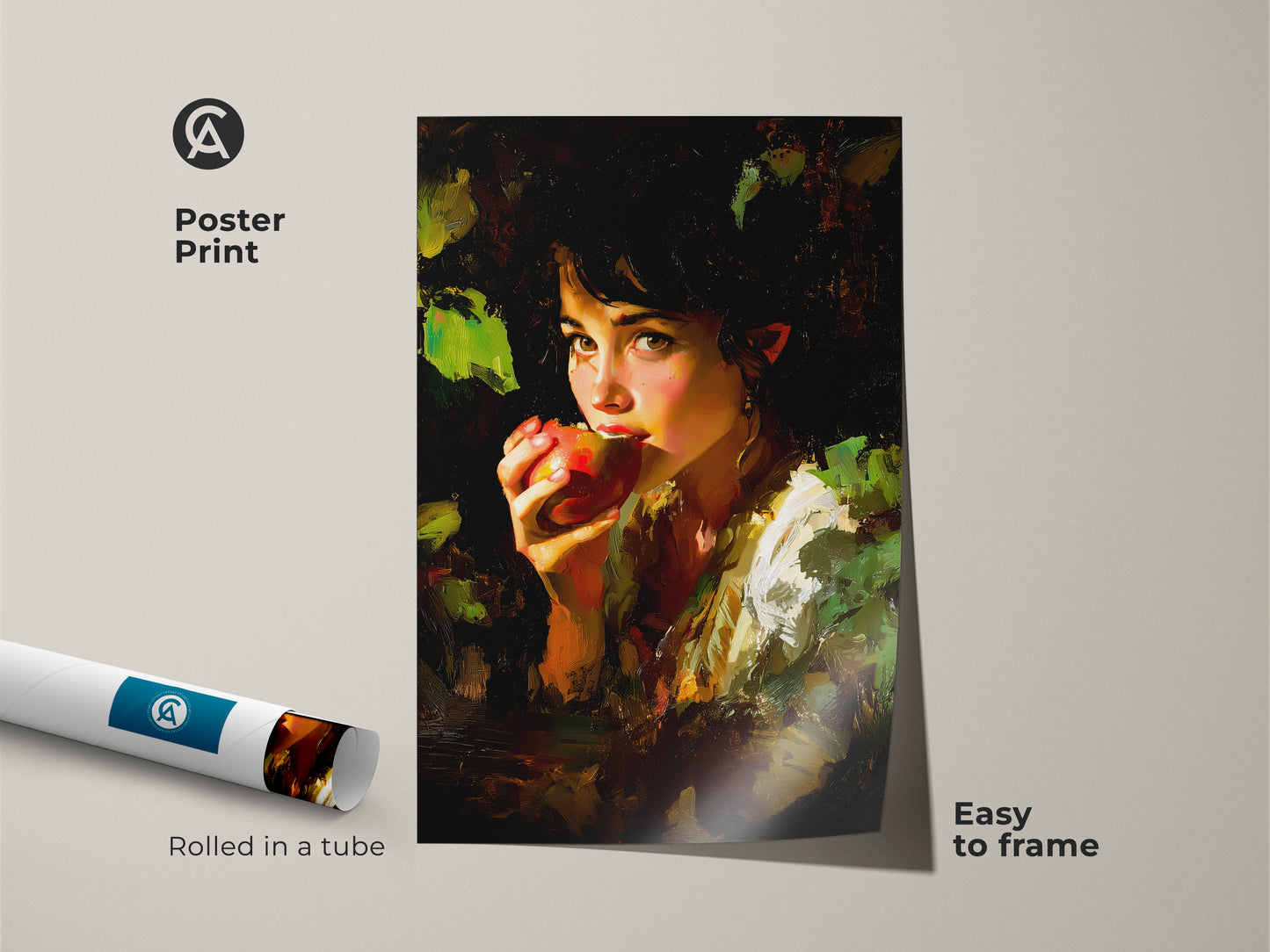 Poster print of an impressionist girl eating an apple. Rolled in a tube this Chiaroscuro portrait wall art is easy to frame. The earthy tones and deep red art make it eclectic home decor. Ideal as a housewarming gift or a classic still life painting.